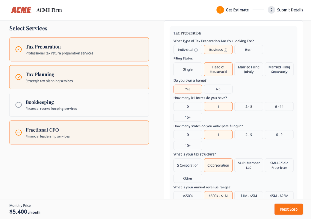 PricingLink interactive pricing configurator showing clear options